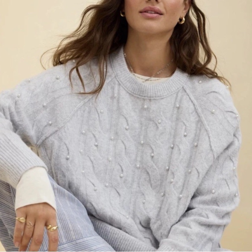 aerie Light Gray Pearl-Embellished Cable Knit Crewneck Sweater L